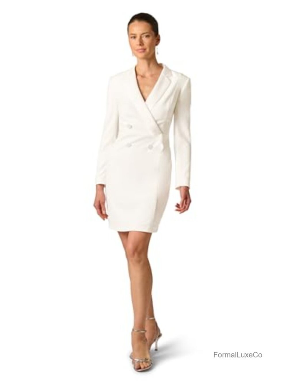 Women's Long Sleeve Tuxedo Mini Dress with Satin Accents Crepe Sheath Cocktail